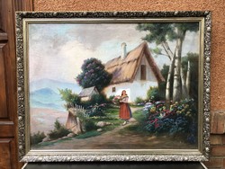 M. Németh Gábor - Paraszt nő tanyán hatalmas gyönyörű festmény