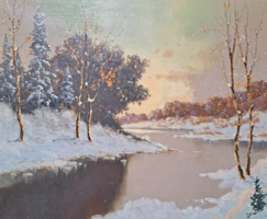 Téli tájkép gyönyörű  kerettel, olaj vászon, teljes mérete 62x73 cm, havas táj, karácsony