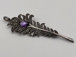 Original thomas sabo pen shape pendant with amethyst purple faceted zirconia stone, marcasite, box