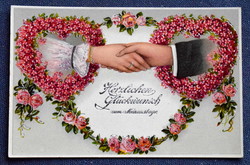 Antik ezüsttel préselt Névnapi üdvözlő  képeslap zenélő kézfogó virágszívek rózsa