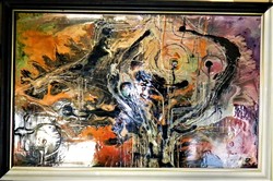András grid, composition, 95x60cm, cold enamel wood, framed. J.J.L.