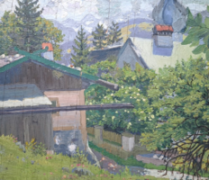Utcakép olajfestmény szép kerettel - Kurt Mueller 1913 (teljes méret 42x37,5 cm) házak, falu