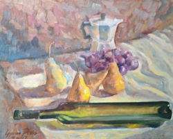 Péter Gyenes: glass with pears, 2002 (wine bottle, coffee maker, fruit still life) painter from Kecskemét