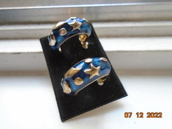 Blue enamel-gold earrings, clip, with a starry sky pattern