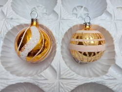 Old glass Christmas tree ornament snowy striped golden sphere glass ornament 2 pcs