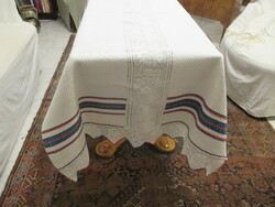 Beautiful home-woven Transylvanian linen tablecloth with lace inserts - in mint condition