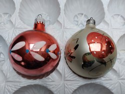 Retro glass Christmas tree ornament old red sphere painted with strawberries 2 pcs
