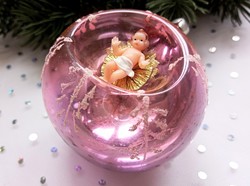 Régi üveg dioráma karácsonyfa dísz 7-8.5cm