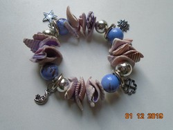 Purple pink shell, purple blue and silver plated pearl bracelet with metal pendants
