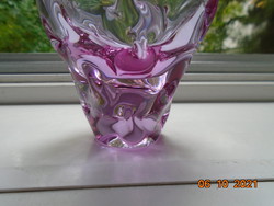 Heavy art glass vase with polished base in purple-pink shades with twisted emboss patterns