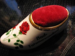 Porcelain rose shoes with pincushion, souvenir