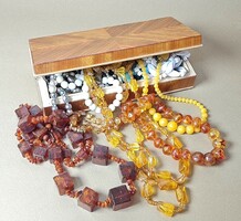 Inlaid wooden box / jewelry box + a pile of old bijou necklaces