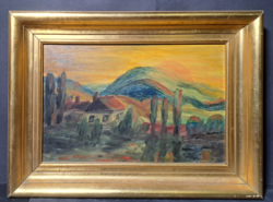 Cserhalmi Eszter: Naplemente (olajfestmény arany keretben) Csepeli Munkásotthon Képzőművész Kör