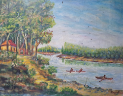 Emil Kelemen: Tisza bank, 1964 (oil, canvas) rowers, portrait