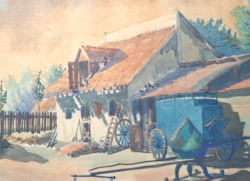 Kiss Lajos: Falusi ház udvara - tanya, 1932 (akvarell, teljes méret 47x38,5 cm) 90 éves festmény!