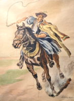 Benyovszky István: Csikós (szinezett rézkarc, teljes méret 50x64 cm) betyár, lovas