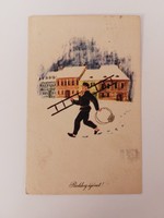 Old New Year's postcard 1965 picture postcard chimney sweep snowy street