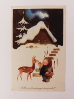 Régi karácsonyi képeslap 1962 rajzos levelezőlap őzikeetetés