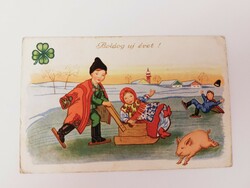 Old New Year's card postcard folk costume wooden dog pig clover
