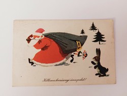 Old Christmas card 1960 picture postcard rushing Santa Claus bunny toys