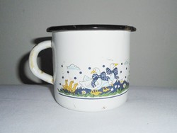 Retro enameled mug - fairy tale pattern - meadow geese geese - from the 1970s