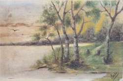 Painting, landscape, waterfront trees.