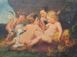 Peter paul rubens: baby jesus with saint john and the angels - antique oil painting copy