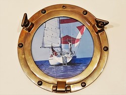 Régebbi réz hajóablakot formázó fényképkeret (hajó, hajózás, vitorlás)
