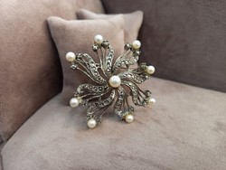 Antique silver brooch with marcasite and pearls