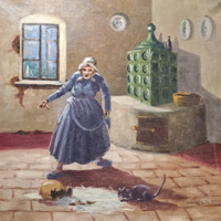 Lucky cat - folk scene, oil painting, marked 