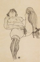 Egon schiele reclining nude woman in striped stockings reprint erotic art print