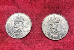 Ezüst holland 2 1/2 gulden - 2 darab (1960, 1962) + ajándék ezüst holland 25 cent (1918)