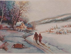 Old Christmas mini postcard greeting card with snowy landscape cottages