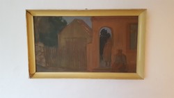 Painting by János Somogyi! Address: resting at the gate. 78 cm x 42 cm