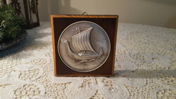 Vintage picture, Scandinavian viking ship made of pewter, on wooden board 10*10