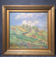 Kastaly István (1892-1991): Tavaszi tájkép vándorokkal - olaj, fa (kerettel 41,5x40 cm) kirándulás