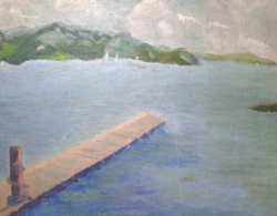 Balatoni móló - olaj, vászon (52x42 cm) vízparti hangulat
