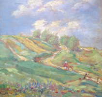 Kastaly István (1892-1991): Tavaszi tájkép vándorokkal - olaj, fa (kerettel 41,5x40 cm) kirándulás