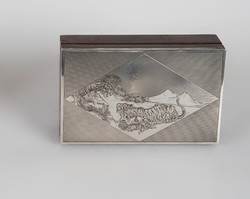 Silver inlaid wooden box with a fighting tiger