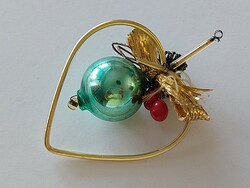 Old glass Christmas tree ornament heart-shaped gold green glass ornament
