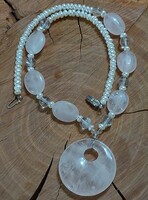 Rose quartz, rock crystal, real cultured pearl necklace with blue rose quartz pendant