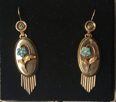 Large Biedermeier gold turquoise pearl flower earrings antique Viennese fox head xix. S.