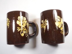 2 old retro marked painted glazed ceramic mugs - folk folk art flower motif industrial artist