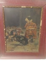 Antik olajfestmény, szignózott, 1911-kislány pulykákkal, kakassal.