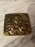 Bronze plaque: mother with child (with 2 signs? - Monogram)