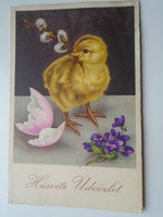 D192327 old postcard - Easter greetings with chicks - violet 1930's