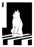 M. C. Escher grafika: Fehér macska REPRINT nyomat, fekete fehér kép ülő cica csíkos geometrikus