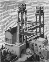 M. C. Escher graphics: waterfall reprint print, 3d space game illusion geometry tower architecture roofs