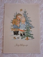 Régi karácsonyi képeslap rajzos levelezőlap fenyőfa gyerekek kismadár