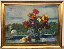 Szikra János (1921 - 2009) Virágcsendélet háttérben a Balatonnal c. festménye Eredeti Garanciával!